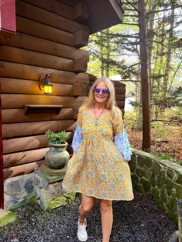 Yellow Floral Cotton Boho Dress with White and Teal Sleeves